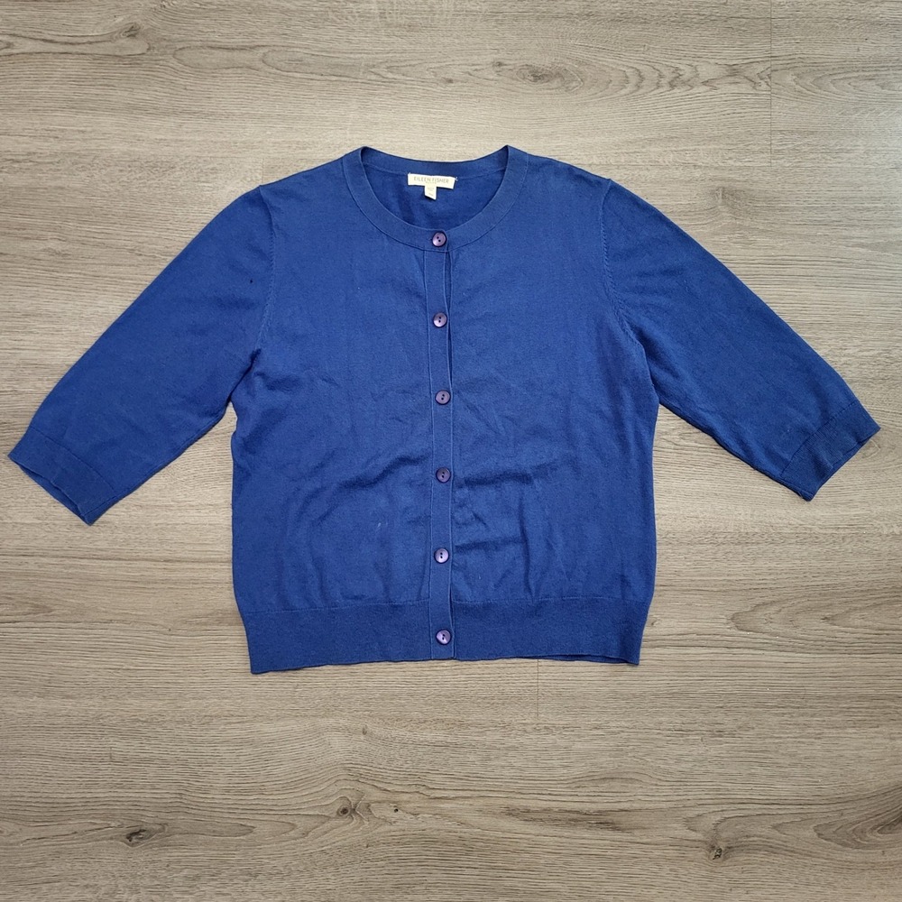 Eileen Fisher Petite Blue Organic Cotton Cashmere Cardigan Sweater PM 3/4 Sleeve